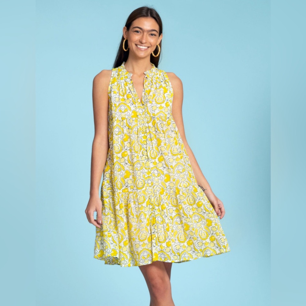 Olivia James The label, Ro yellow print shirt sleeveless dress, Sz XS, NWOT,